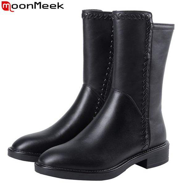 

moonmeek 2020 new genuine leather boots women round teo zip low heels ankle boots solid colors ladies autumn winter, Black