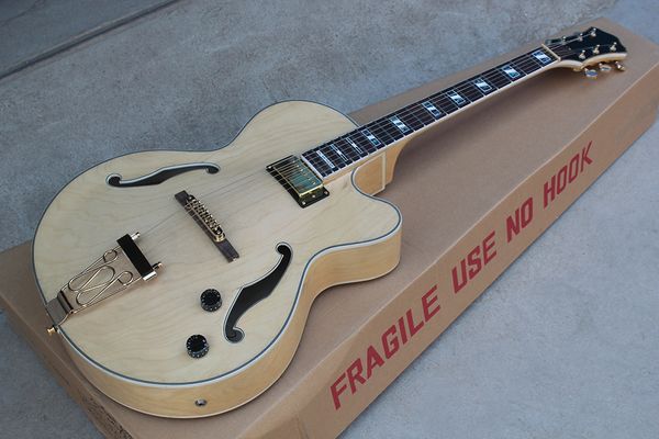 madeira fábrica Personalizado Natural Color guitarra elétrica com Semi-oca Corpo, Abalone Fret embutimento, ouro Hardware, pode ser personalizado