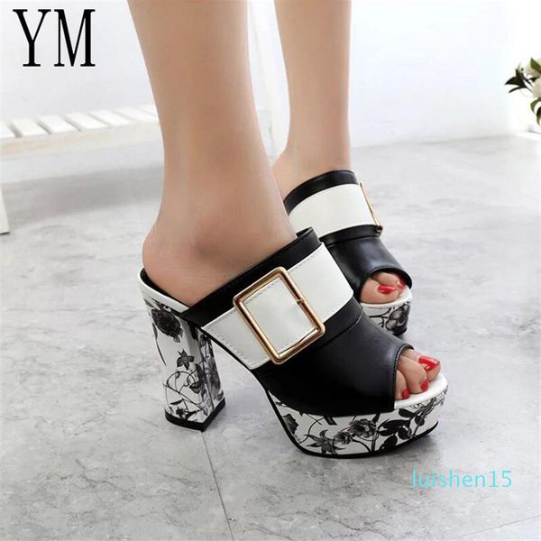 

3color fashion summer women elegant buckle high heel sandals peep toe platform shoes chunky heel shoes lady thick heel 40 l15, Black