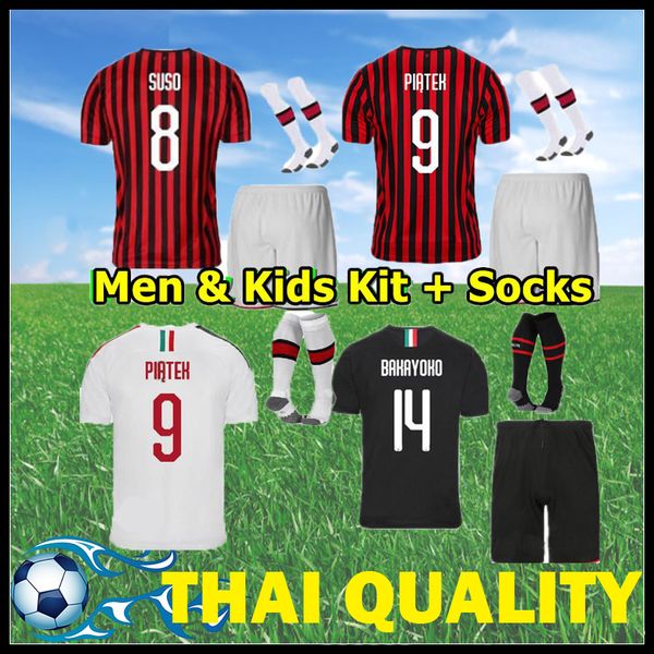 

men kit 19 20 ac soccer jerseys milan romagnoli 2019 2020 piatek suso football shirt set kessie paqueta children boys uniforms, Black