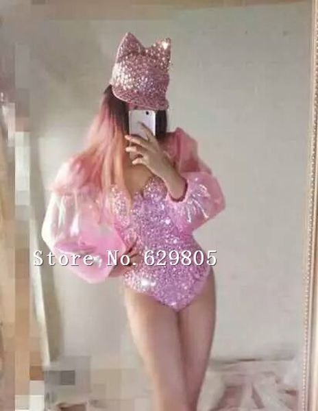

fashion pink full diamond sew on bodysuit outfit female singer wear sparkling rhinestone dress party costume customize leotard, Black;red