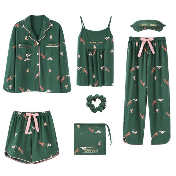 

qweek cotton pajama women 7 pieces set casual sleepwear 2019 autumn woman nightie home clothes female shorts pants, Black;red