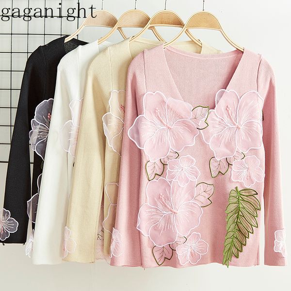 

gagnight flower patchwork 2019 new fashion women sweater long sleeves v neck elegant pullover female jumper solid korea outwear, White;black
