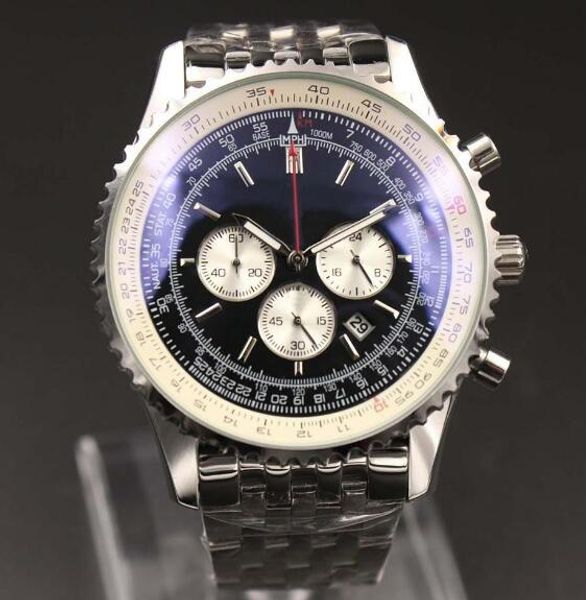 

новые часы кварцевые 46 мм черный циферблат 316l серебряный стальной ремешок сапфировый сплошной ремешок мужские спортивные часы, Slivery;brown