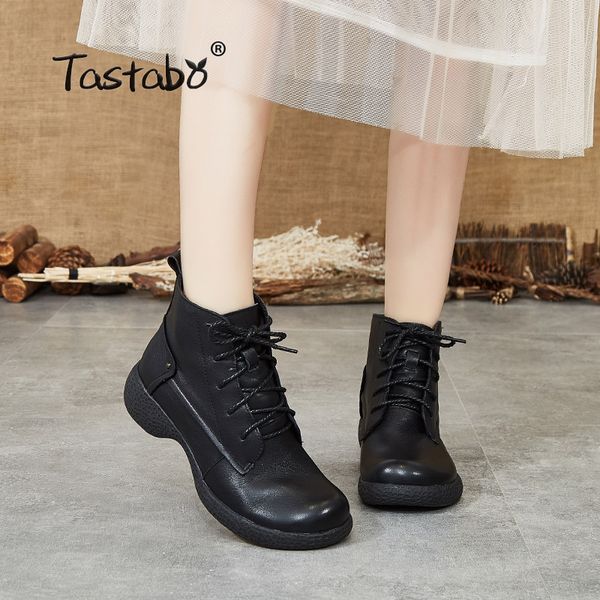 

tastabo genuine leather handmade lady boots rubber outsole shoes casual style women's boots black khaki s88906 lace up