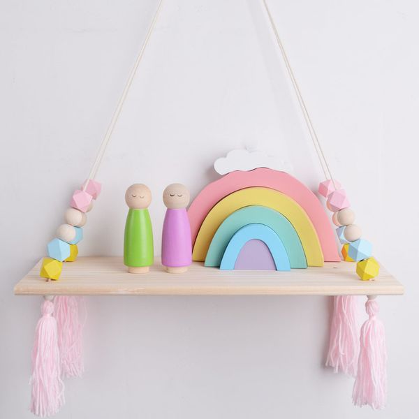 C Nordic Children Room Decorative Wall Shelves Wood Clapboard With Tassel Beads Ins Kids Decoration Party Decor Gifts J190521