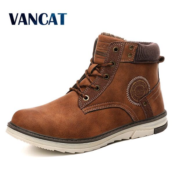 

vancat new warm men boots winter waterproof ankle boots desert outdoor plush working snow men's shoes big size 39-46, Black