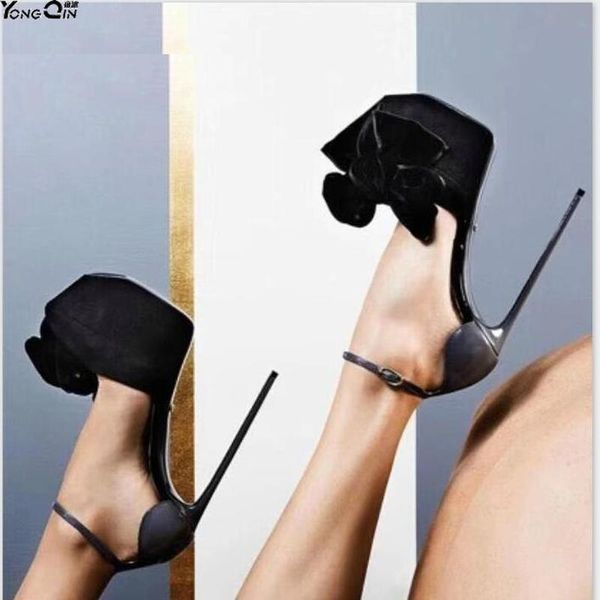 

новый большой цветок шпилька пряжка высокие каблуки женщины насосы сексуальные тонкие каблуки женская обувь, Black