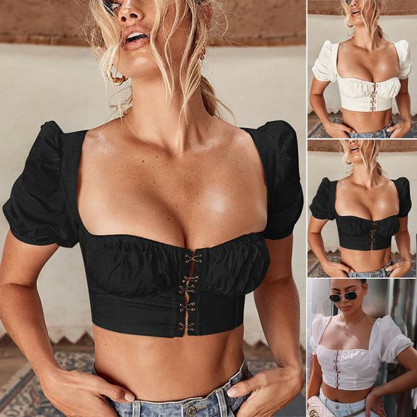 

women summer casual black white deep slash neck bodysuit tank vest female short puff sleeve adjusted straps crop tee shirt
