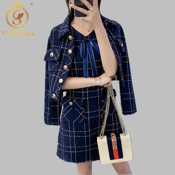

luxury design runway 2019 winter women 2 piece set woollen tweed plaid bow jacket coat + women sleeveless vest dress suits, White