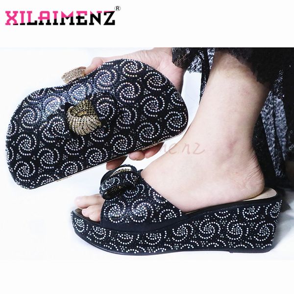 

black color african woman high heels slipper and matching bag set for party nigerian woman shoes and bag to match set