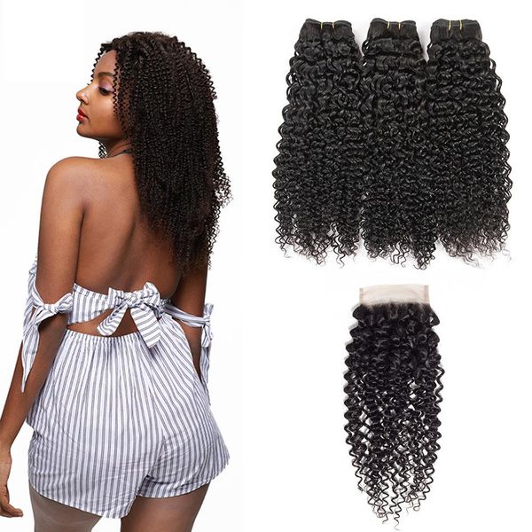 

бразильский kinky завитых волосы девственницы 3 связка с кружевом закрытие free или средней частью бразильского kinky завитых волосы девстве, Black