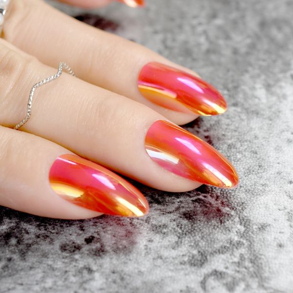 

stilettos oval sharp end nails chrome chameleon mirror metallic false nail metal shiny red fake nails acrylic stiletto nail art, Red;gold