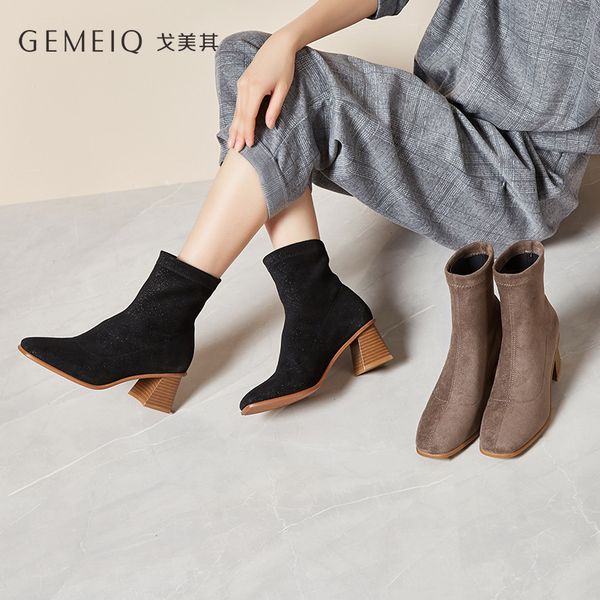 

gemeiq 2019 winter new product square head thick and short boots oumeifeng commuter high heels fashion shoes black and gray boot