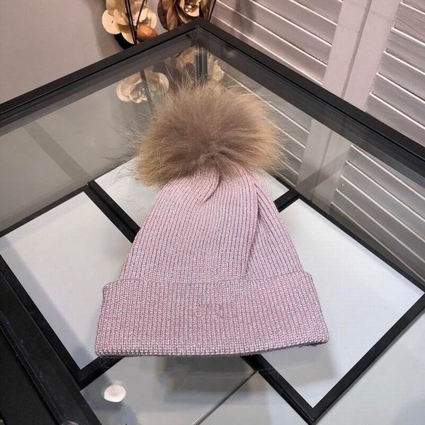 

2020 cotton knitting wool pink hats with brown hair ball women's winter warm hats with box, Blue;gray