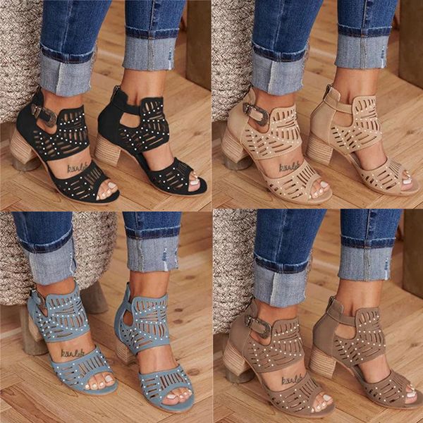 

2020 new women leather sandal designer carved hollowed-out thick high heels black western style fish mouth shoes us4-12 with box