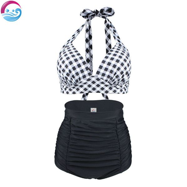

swimwear tankinis summer two piece bathing suit plaid bikini women high waist beach swimming plus size bandage swimsuit, White;black