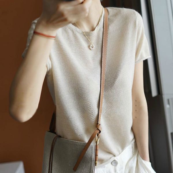 

2020 knitted cotton and linen short-sleeved t- women's short loose round t- shirt collar thin base shirt, White