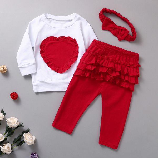 

o-neck clothes sets for children infant baby girls long sleeve love t-shirt +red ruffles pants+headband outfits 3pc sets, White
