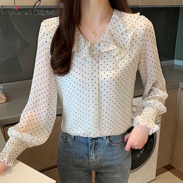 

polka dot women chiffon blouses 2020 autumn long lantern sleeve v-neck ruffles pullovers korean style women shirts t07107k, White
