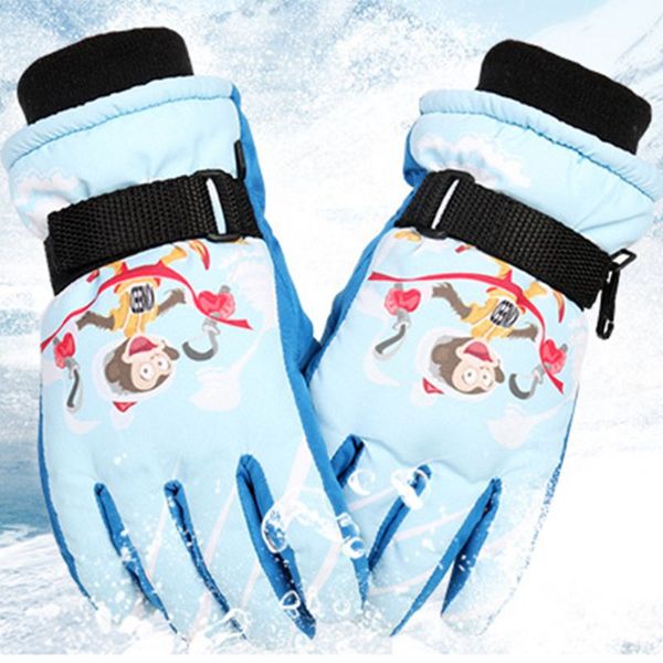 

kids waterproof ski snowboard gloves cute cartoon monkey print plush lined winter warm windproof anti-slip mittens 5-10y