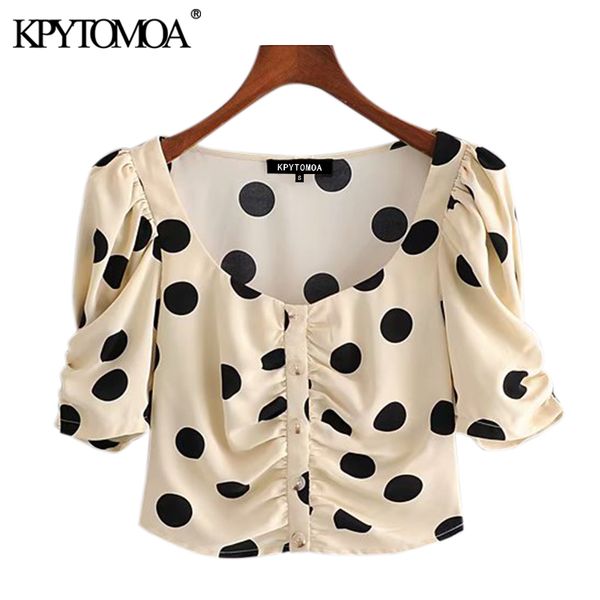 

kpytomoa women 2020 sweet fashion polka dot pleated cropped blouses vintage square collar puff sleeve female shirts chic, White