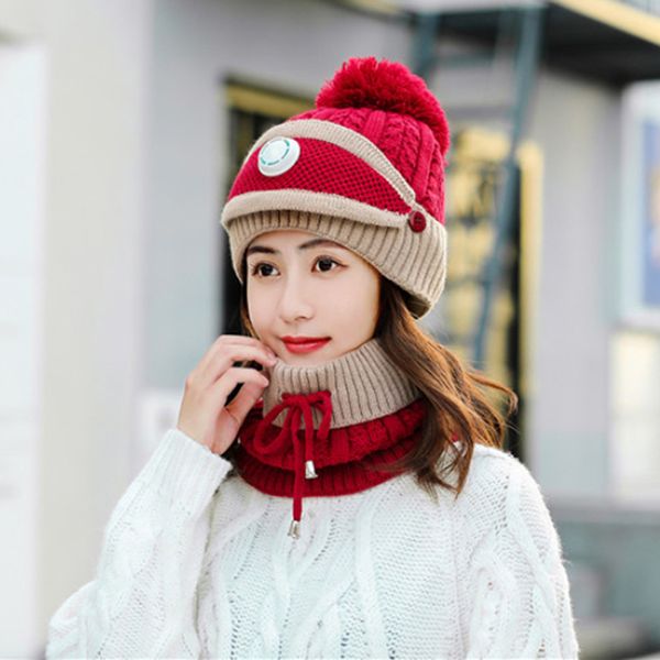 

women's warm solid plus thicken scarf mask hat three-piece knit windproof cap fashion keep warm soft hats female, Blue;gray
