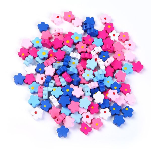 200 Stück 7 Farben 15 mm florale Holzperlen Charms Halskette Armband Diy Schmuck Zubehör Kinder handgefertigte Perlen Holzperlen Großhandel