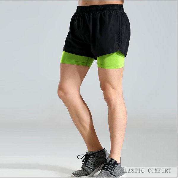 

yfashion summer quick drying elastic fake 2pcs shorts trainning do take exercises slim beach shorts for man, White;black