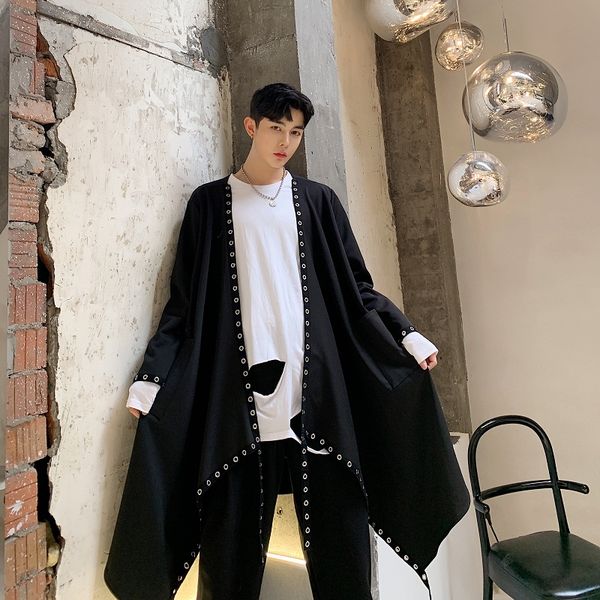 

men's trench coats men loose irregular ribbon rivet long cardigan windbreaker coat male japan streetwear punk gothic jacket outerwear, Tan;black