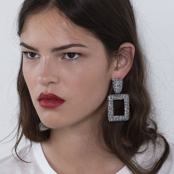 

new trendy fashion luxury designer full diamond rhinestone vintage geometric square box pendant stud earrings for women black, Golden;silver