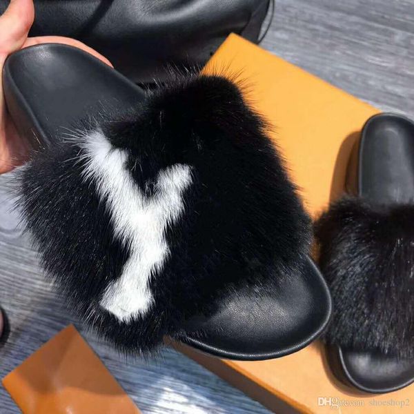 

limited edition full mink hair home and l slippers latest light and comfortable soles womens soft warm fur leather slippers size 35-40, Black