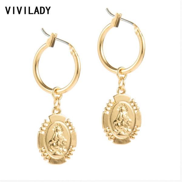 

charm vivilady boho gold color geometric women hoop earrings sculpture portrait temperament oval dangle bijoux for lady jewelry, Golden