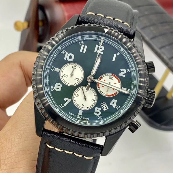 

46mm navitimers arabic numbers green dial date mens watches quartz chronograph chronometer leather band wristwatches with working subdials, Slivery;brown