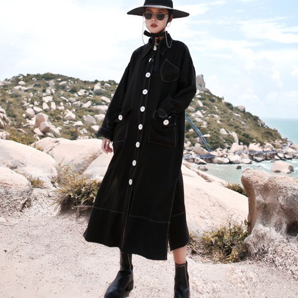 

lanmrem temperament trench famale single breasted loose big size black long coat for women outwear 2020 spring new fashion tc311, Tan;black