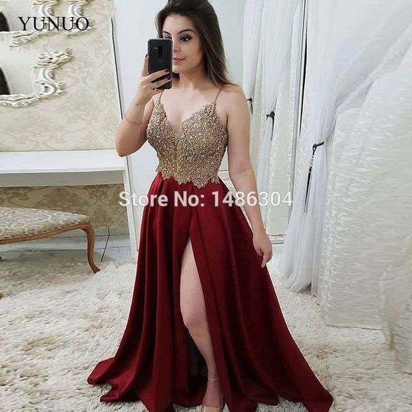 

party dresses burgundy evening 2021 a-line spaghetti straps satin lace slit long gown prom dress abendkleider, White;black