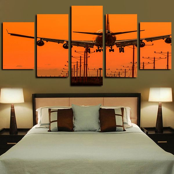 

5 panels airplane sunset artworks giclee canvas wall art for home decor abstract poster canvas print oil painting