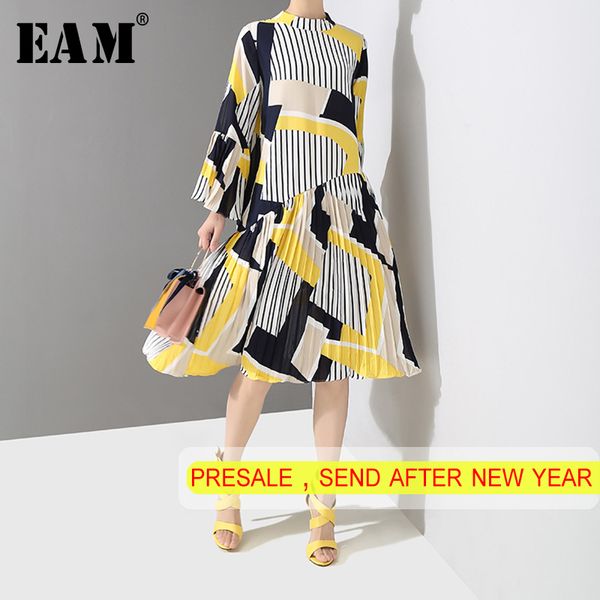 

eam] 2019 новая коллекция весна лето воротник стойка с длинным рукавом в полоску с принтом в полоску с принтом плиссированные свободные пла, Black;gray