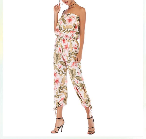

spring and summer new style one-neck collar backless nine pants summer vacation wind jumpsuit slim-fit chiffon print jumpsuit, Black;white