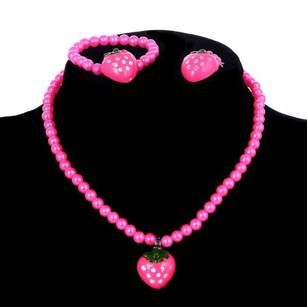

fashion imitation pearls beads necklace strawberry baby necklace apple flower pandent /bracelet/ring jewelry set for kids gifts, Silver