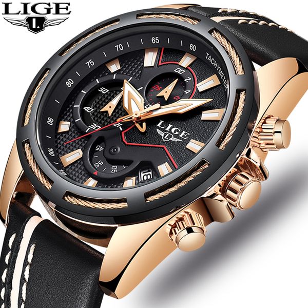 

reloje 2019 lige men watch new leather automatic date quartz watches mens waterproof sport clock relogio masculino, Slivery;brown