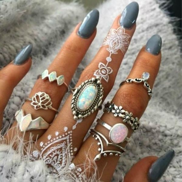 

engagement ring jewelry bohemia opal lotus large gem set ring set of 8 piece rings for women, Golden;silver