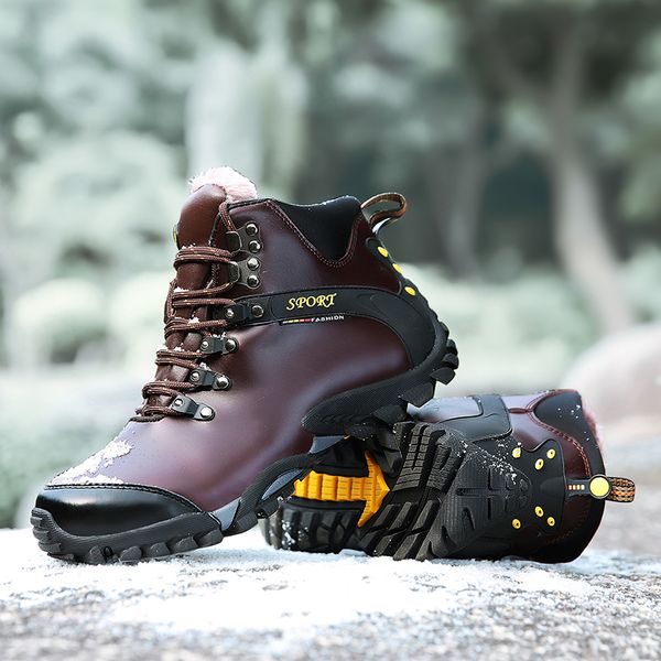 

men hiking boots with fur big size 38-46 mens winter leather shoes plush cotton snow boots men genuine leather sport