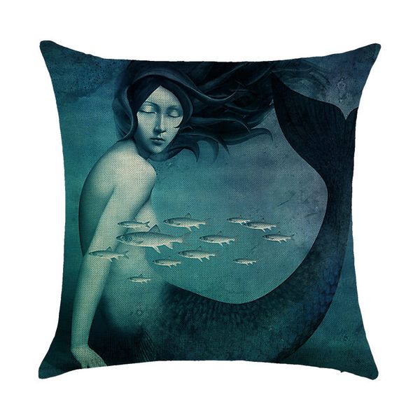 

1pcs 45*45cm mermaid pillow case cotton linen cushion cover car home decoration art sofa bed decorative square throw pillowcase
