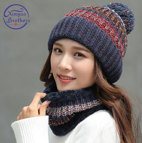 

2019 new knitted winter colorful hat scarf set women thick cotton beanies and ring scarf female knitted winter accessories, Blue;gray
