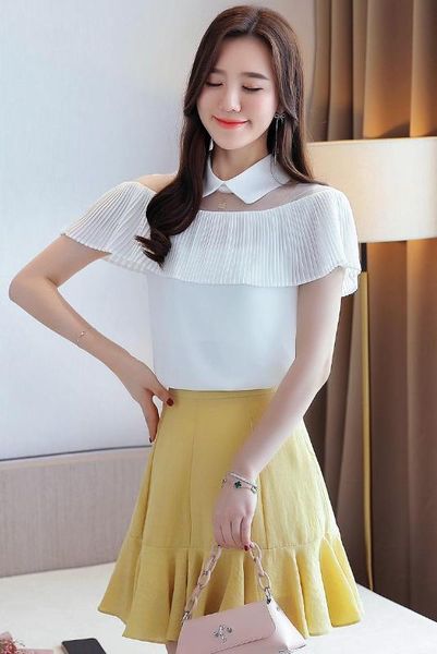 

strapless short sleeve women blouses summer chiffon shirts mesh fashion office elegant lady shirts, White