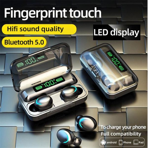

tws f9-5 wireless earphone bluetooth v5.0 mini smart touch earbuds led display with power bank headset and mic