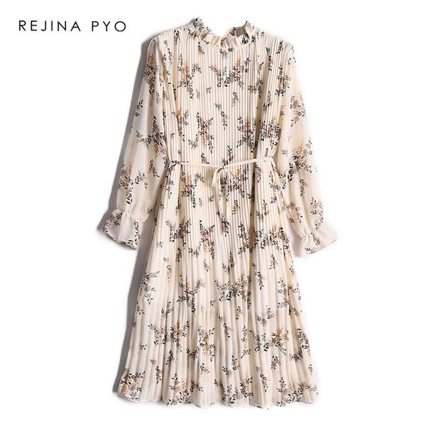 

rejinapyo women vintage floral printed mid-calf dress female elegant long holiday dress stand collar ruffles flare sleeve, Black;gray