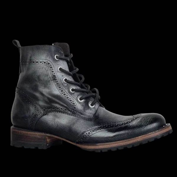 

vintage autumn shoes outdoor mens leather lace-up casual footwear casual flats round toe low-heeled ankle boots, Black