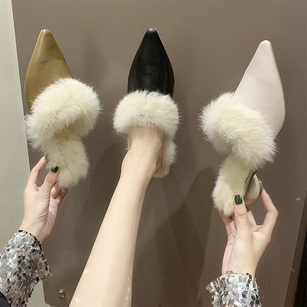 

mules for women 2019 shoes ladies' slippers cover toe pantofle med fur flip flops square heel luxury slides soft new plush, Black